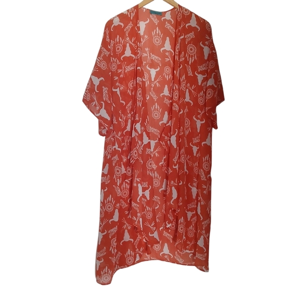 Turquoise Haven Kimono Cover Up Southwest Open Drape Boho Hippie Aztec Duster - Picture 5 of 8